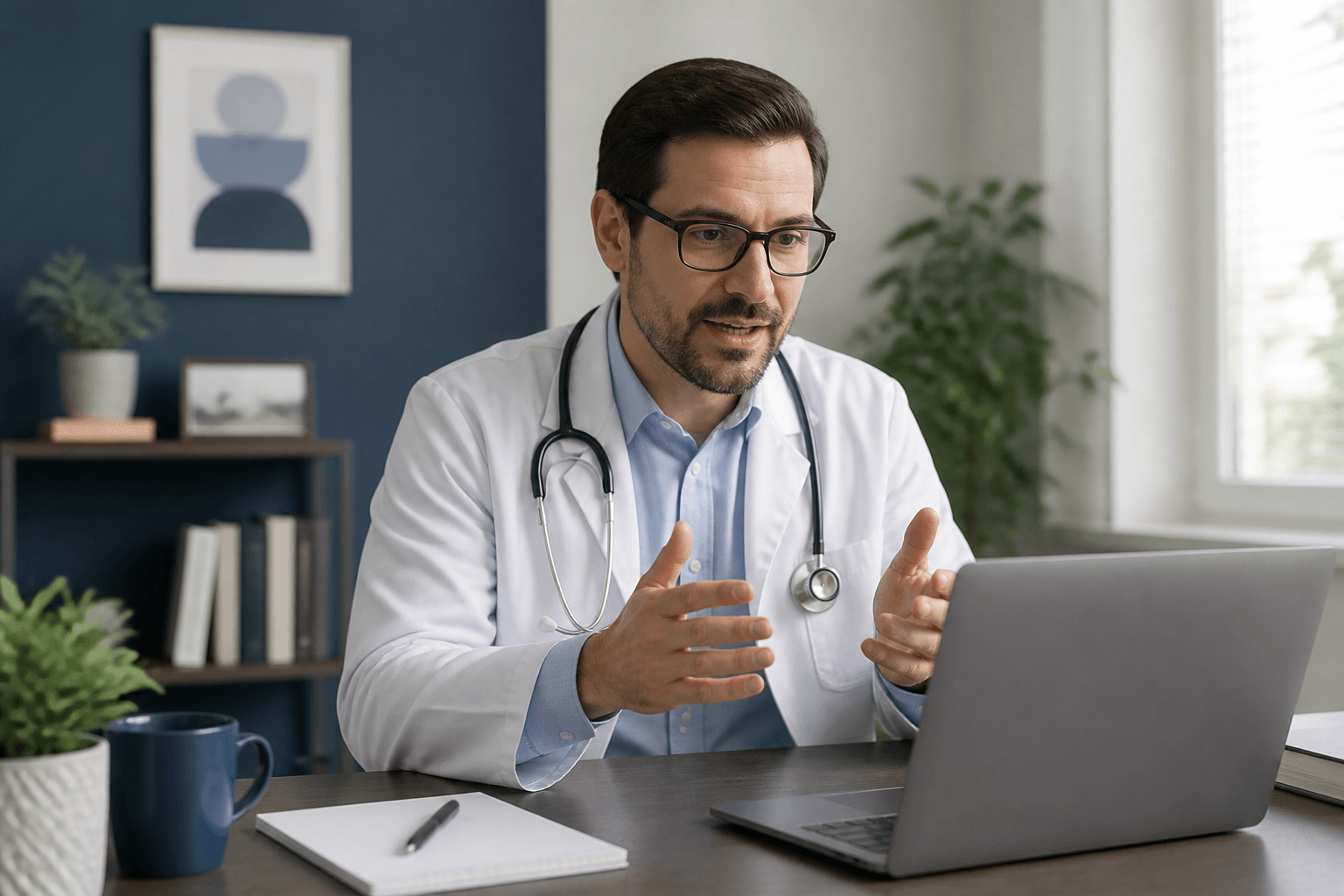 Physician participating in a professional video advisory session from a home office.
