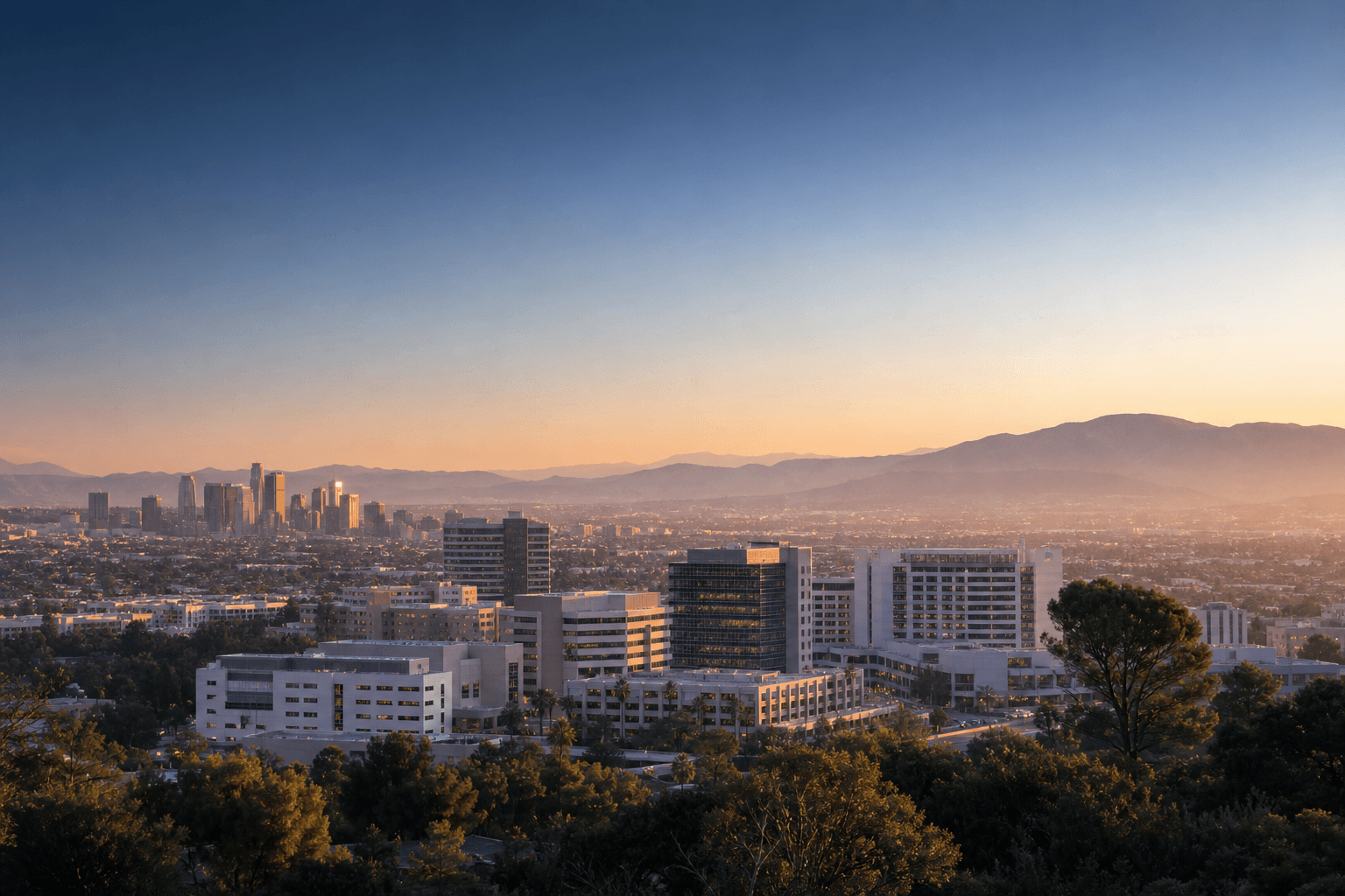 Southern California hills and a medical campus at sunset, showing the region the council serves.